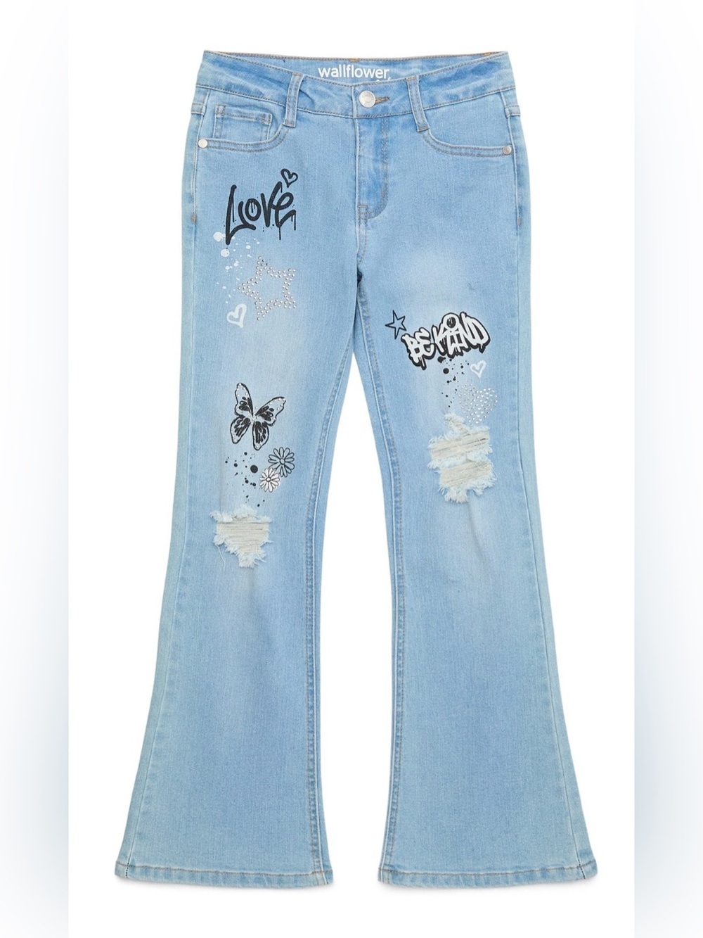 Wallflower  Girls Light Blue Graphic Flare Jeans